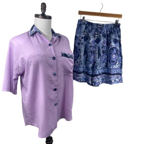 VTG 80s Top Shorts Set Outfit L Purple Funky Shoulder Pads 100% Rayon Breathable - Picture 1 of 12